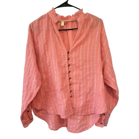 Anthropologie Pilcro Tavi Button Down Blouse Size XS Coral Metallic Stripe Top - Picture 1 of 7
